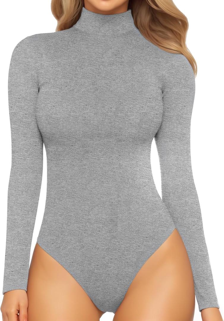MANGOPOP Women's Mock Turtle Neck Sleeveless Long Sleeve Tops Bodysuit Jumpsuit (34 Long Sleeve Light Heather Grey)