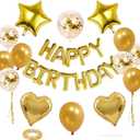 27 Pcs Gold Birthday Decorations, 3D Foil Gold Happy Birthday Balloon Banner, Pentagram Heart Foil Balloons Confetti Balloons Kit For Boys Girls Birthday Party Supplies, 16 inch, 18 inch, 12 inch