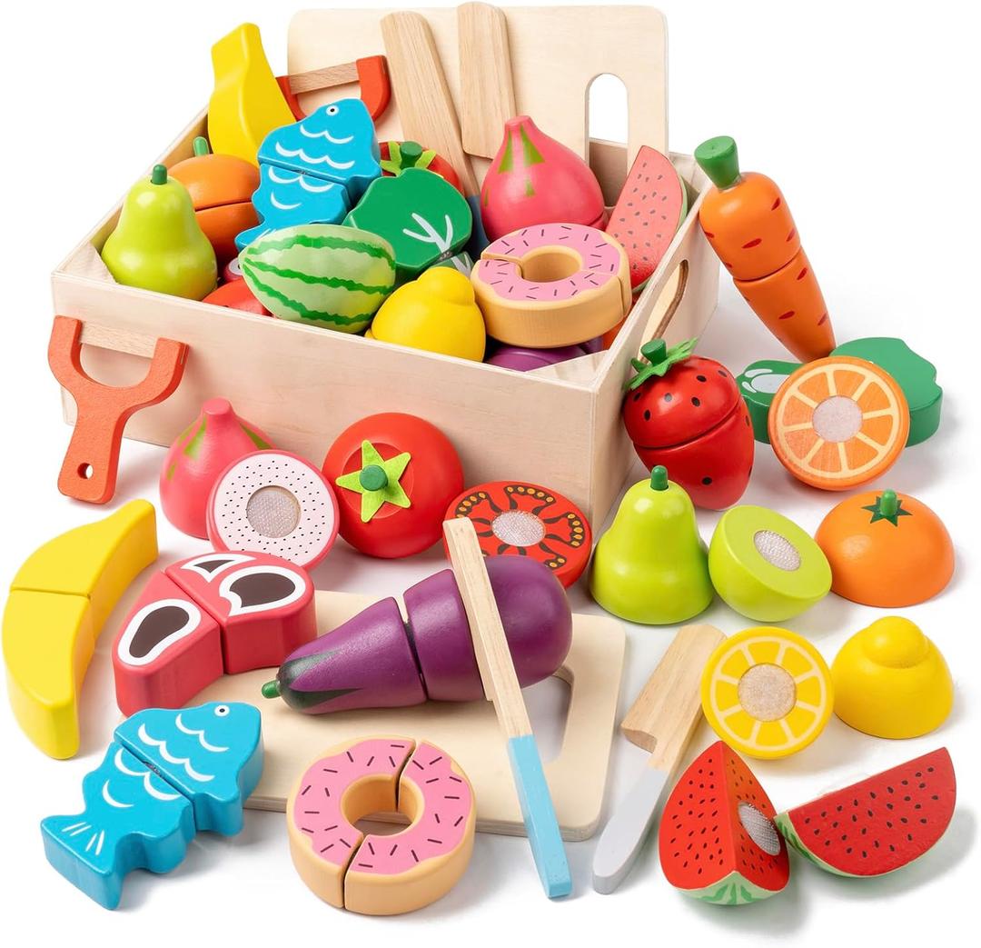 KDSFT Wooden Play Food for Toddlers  34Pcs Velcro Fruit and Veggies with Basket & Chopping Board, Play Food Sets for Kids Kitchen Accessories, Cutting Fruit Set for Ages 3+