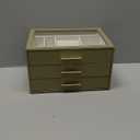 Jewelry Box Organizer Case for Women: 3Layer Jewelry Storage Case with Glass Window, Olive Green Leather with Cream Velvet, Holder for Ring Necklace Bracelet Brooch Watch, Great Gift for Her