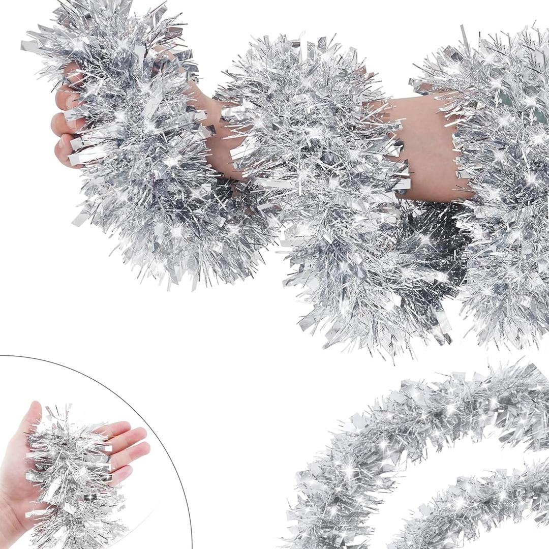 50FT Silver Tinsel Christmas Garland Metallic Twist Garland Shiny Hanging Tinsel for Christmas Tree Party Supplies Indoor Outdoor Home Xmas Decoration (Silver)