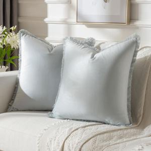 FUTEI Light Blue Velvet Decorative Throw Pillow Covers 18x18 Set of 2,Soft Cozy Edge with Tassels Cushion Case,Boho Modern Home Decor for Couch Bed Living Room