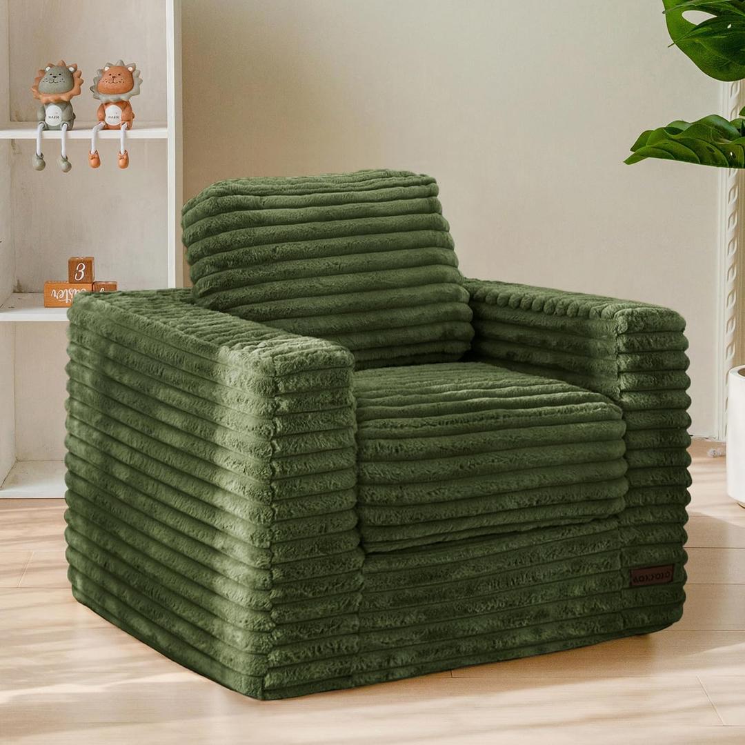 Kids Bean Bag Chair, Comfy Faux Fur Bean Bag Sofa with Filler, Upholstered Floor Sofa with Pillows and Armrests, Lazy Floor Chair Couch for Boys and Girls, Green 