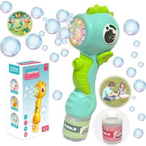 Bubble Machine Wand for Kids Toddlers, Double-Layer Bubble Blower with LED Lights and 2 Bubble Refill Solutions, Outdoor Birthday Party Favors Gifts for Boys Girls Ages 3 4 5 6 7 8 (Green Seahorse)