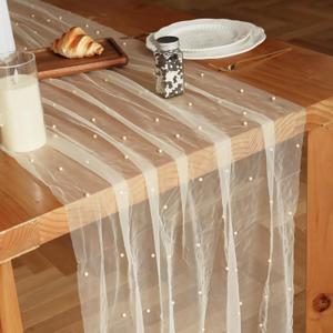 Set of 6 Pearl Table Runner 10ft, 29 * 120 Inch Champagne Table Cloth Pearl Sheer Tulle Table Cover,Pearl Table Runner for Wedding Party Baby Shower Birthday Home Decor
