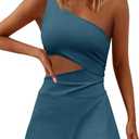 Nirovien Womens Sleeveless Workout Romper Dress with Shorts One Shoulder Skortsie Golf Athletic Tennis Dresses (Large, Teal)