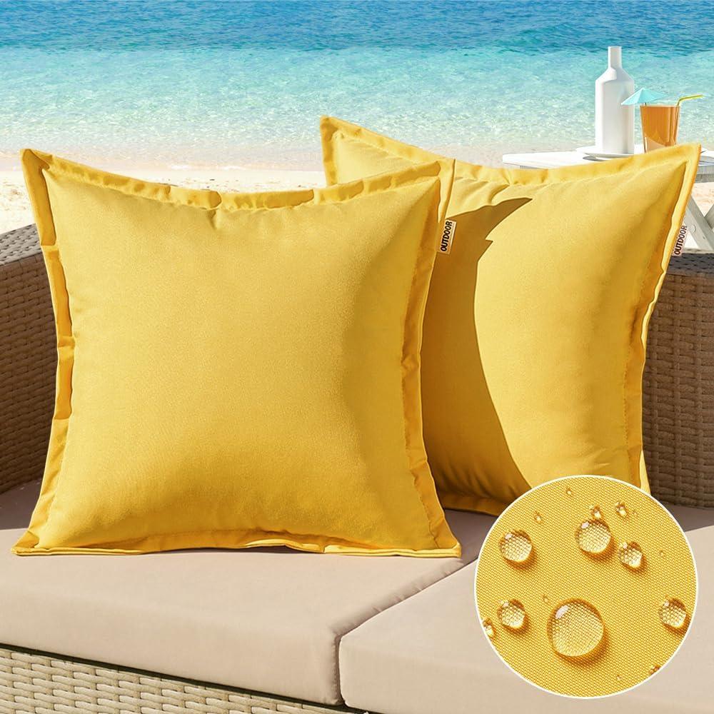 MIULEE Pack of 2 Outdoor Waterproof Pillow Covers with Wide Edge Decorative Square Solid Color Couch Pillow Covers for Patio Tent Bed Sofa Living Room 18x18 Inch Yellow