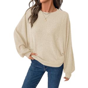 BTFBM Casual Fall Tops for Women 2025 Long Sleeves Solid Shirts Crew Neck Loose Fit Work T Shirt (Large, Beige)