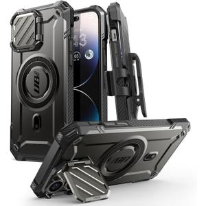 SUPCASE for iPhone 14 Pro Max Case with Camera Cover Stand (UB Mag XT) , [Compatible with MagSafe] [Built-in Belt-Clip] Heavy Duty Magnetic Phone Case for iPhone 13 Pro Max, Black
