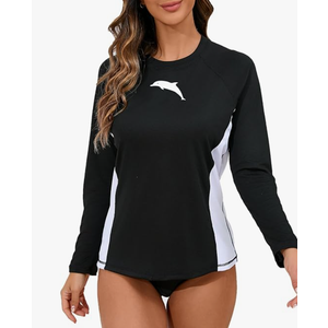 Halcurt Women's Long Sleeve Rash Guard Swim Shirt with Built in Bra Lightweight UPF50+ Quick Dry Swimsuit Top, L