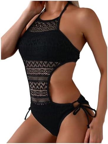 Milumia Women Hollow Out Crochet Backless Swimwear One Piece Halter Swimsuit Size L