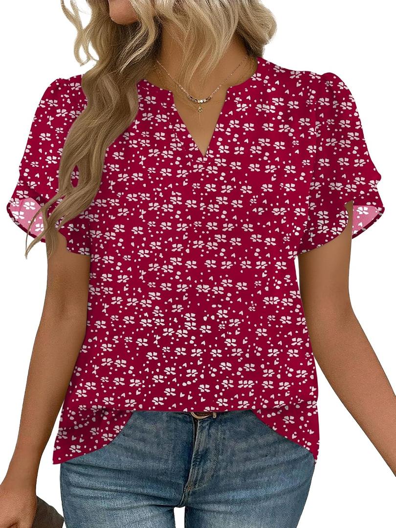 Zeagoo Womens Dressy Casual Chffon Shirts Short Sleeve V Neck Work Blouse | Flowy Business Casual Tops, Petal Sleeves, Double Layer, Office, Teacher, Interview Outfits for Spring, Summer (Red, XXL)
