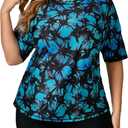 Women Plus Size Short Sleeve Rash Guard Sets with Built in Bra UPF50+ Swim Shirt and Shorts Two Piece Swimsuit (1X, Black/Floral)