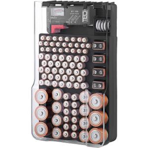 The Battery Organizer and Tester with Cover, Storage Organizer and Case, Holds 93 Batteries of Various Sizes, Includes a Removable Battery Tester, Battery Holder for Garage Organization, Black (Black)