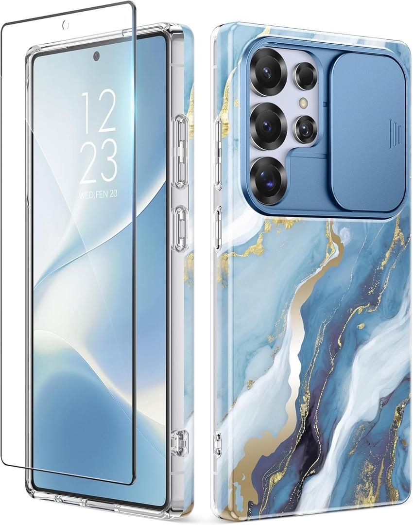 GVIEWIN for Samsung Galaxy S25 Ultra Case with Slide Camera Cover, [Screen Protector] [Shockproof Military Grade Drop Protection] Marble Slim Fit Hard PC Phone Cover S25 Ultra 6.9" 2025 (Serene)