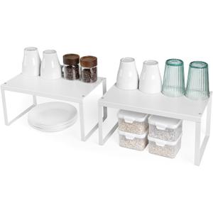 Nxconsu 2Pack Cabinet Shelf Expandable Stackable Organizer Riser for Kitchen Cabinet Pantry Cupboard Under Sink Countertop Organization Accessories Storage Space Saver Multi-Function Metal White