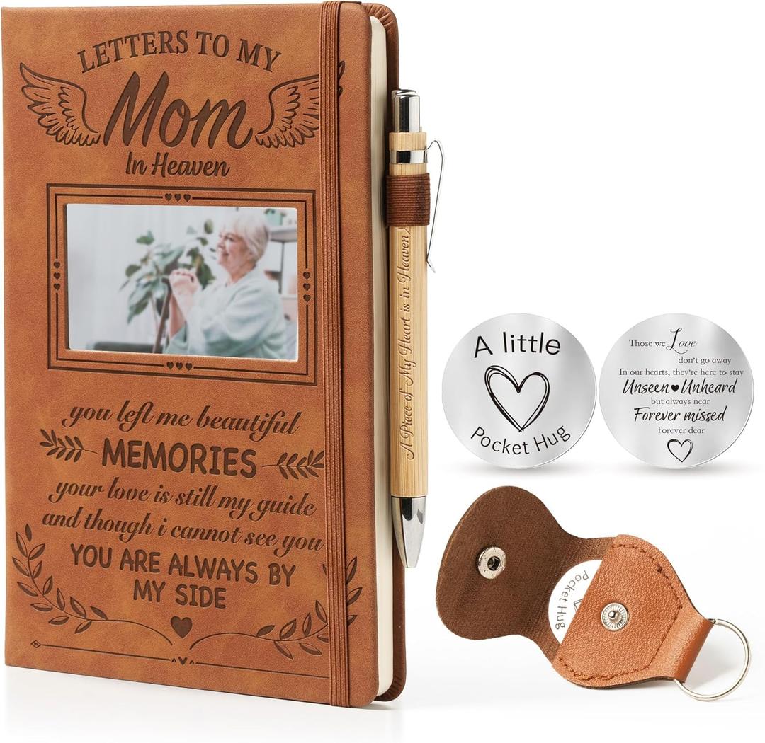 Memorial Gifts for Loss of Mom - Letters To My Mom In Heaven, Leather Journal A5 Notebook, Bereavement Memorial Travel Photo Journal With Pen, Memorial Pocket Hug Keychain, Sympathy Gift Set