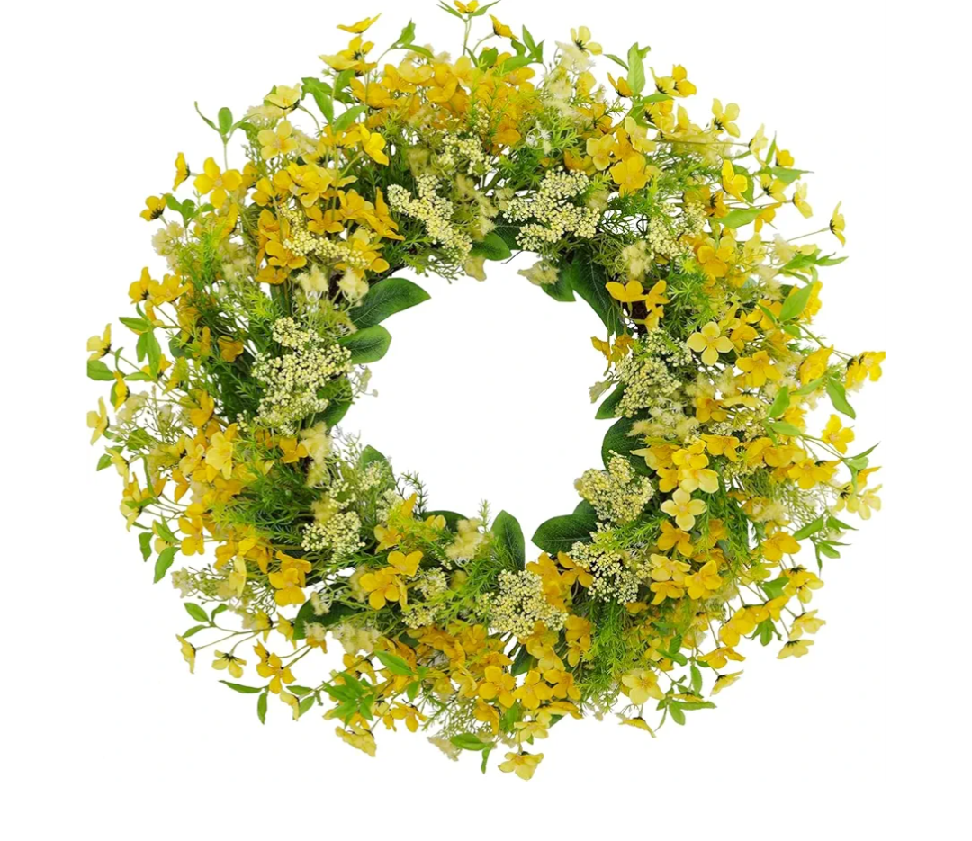 24”-26” Yellow Faux Silk Wild Flower Spring Summer Easter Wreath for Front Door – Artificial Green Eucalyptus Leaves Farmhouse Front Porch Wall Wreath – All Season Outdoor and Indoor Use