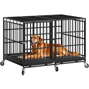 48 Inch Heavy Duty Dog Crate with WheelsIndestructible Escape-Proof Dog Cage for Large Dogs, Extra Large XL XXL Indestructible Dog Crate with Removable Tray. (48-Inch (Black-One Door), Black)