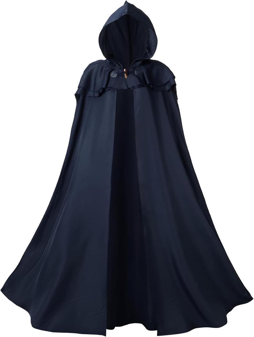 Renaissance Hooded Cloak for Women Men, Adult Medieval Cape with Hood, Viking Cloak with Viking Sword Necklace (59inch/150cm, Navy Blue)