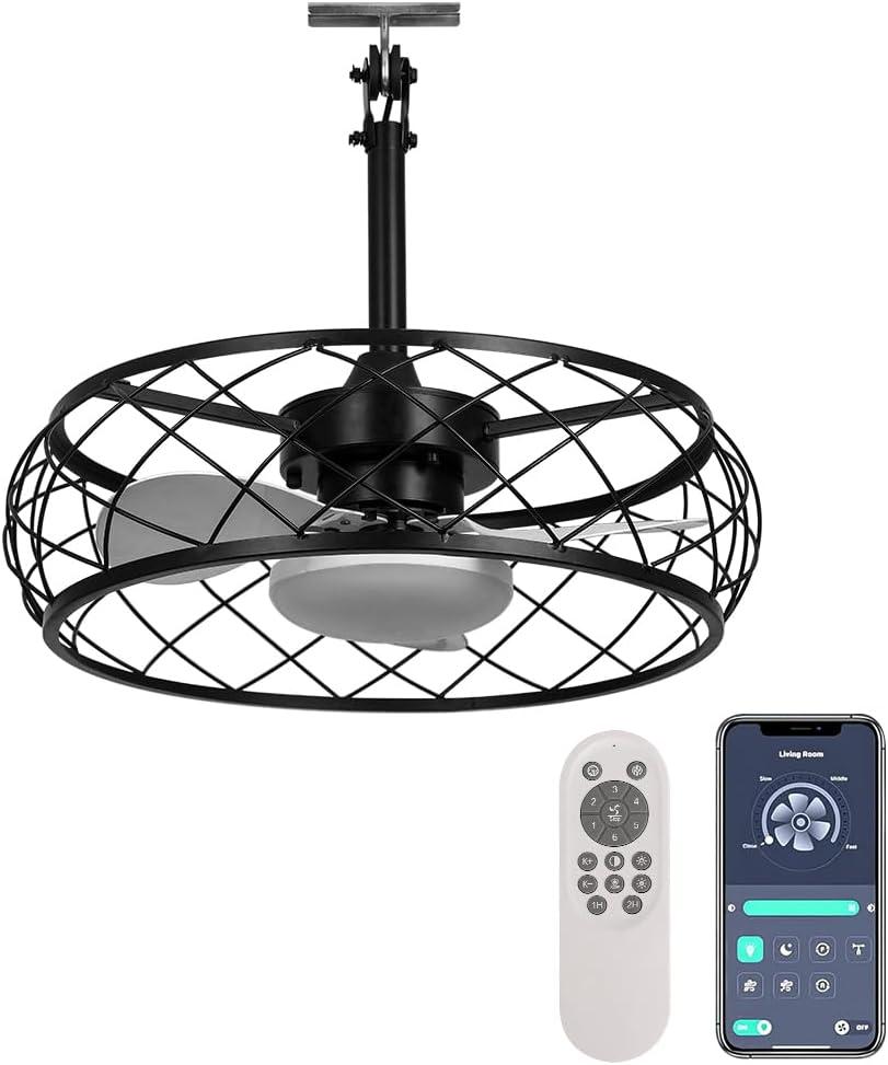 Ceiling Fan with Light for Patios,Outdoor Indoor 20"Hanging Fan Lights with Plug in Cord,Remote and APP Control,Black Light with Fans,Dimmable Ceiling Lights for Gazebo Pergola,Vintage Caged Enclosed