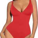 FeelinGirl Shapewear Bodysuits for Women Tummy Control Body Suits Deep V Neck Thong Body Shaper (Medium, Red)