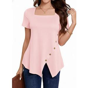BKHOLL Women's Square Neck Short Sleeve Blouse Loose Fit Stretchy Casual Top Soft Breathable Vacation Shirt for Summer Xl