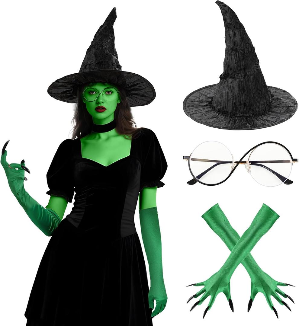 Witch Costume Set Womens Wicked Witch Hat Green Claw Gloves Glasses Socks Halloween Costume Cosplay Accessories (3pcs)