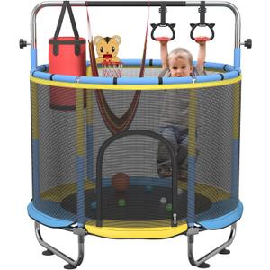 60" Trampoline for Kids, 5FT Mini Indoor and Outdoor Toddler Trampoline with Net, Adjustable Gymnastics Bar & Toys, Birthday Gift for Boy & Girl Age 1-8