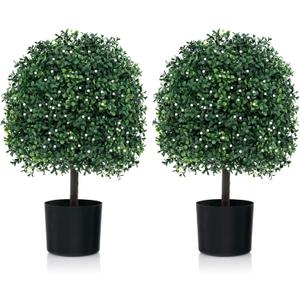 GOFLAME Set of 2 Artificial Boxwood Topiary Ball Trees, 21.5" Faux Bushes Potted Plants with PE Leaves and White Flowers, Cement Filled Base, Fake Evergreen Shrubs for Home, Office, Porch Decoration