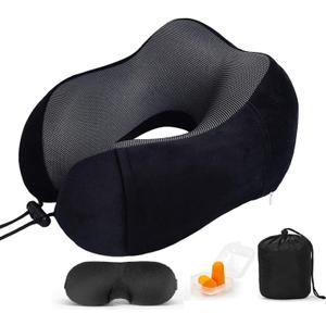 Airplane Travel Neck Pillow, 100% Memory Foam Ergonomic Neck Support, Airplanes Neck Pillow with Washable Cover Travel Essential for Flight & Office Include Eye Mask, Earplugs & Carry Bag (Black)