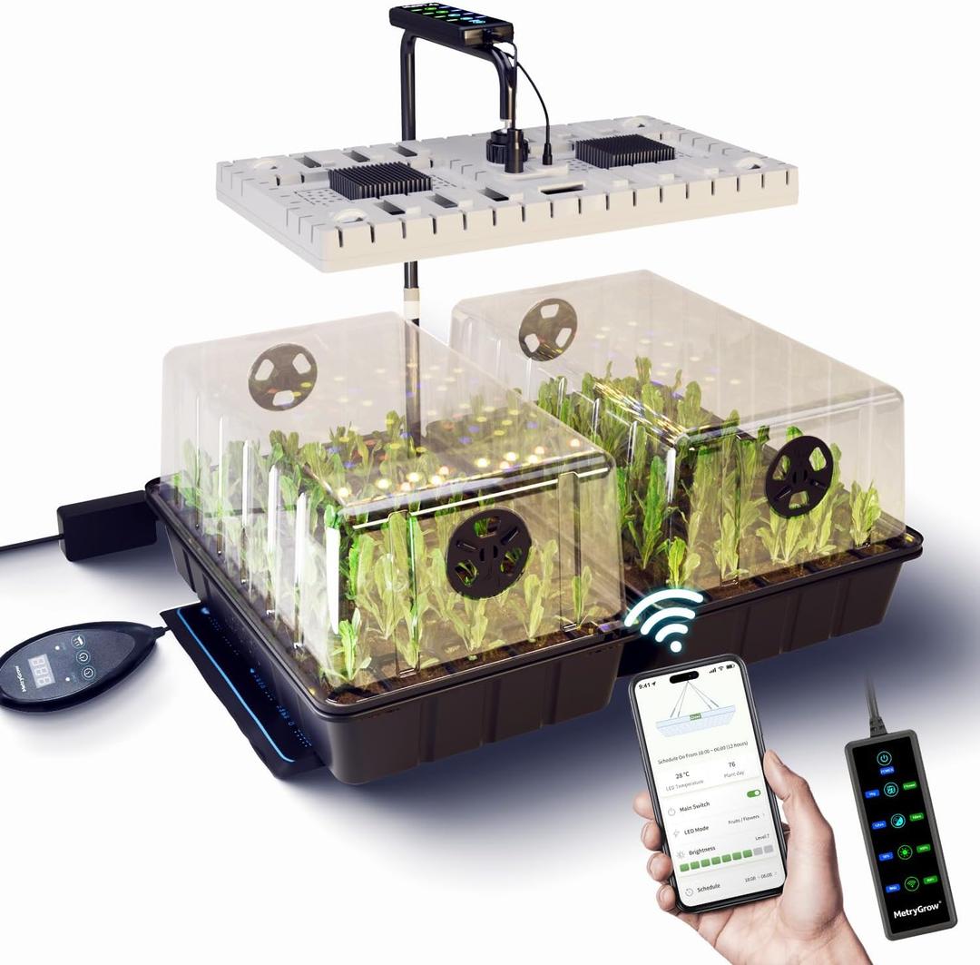 48W Full Spectrum LED Grow Light Seed Starter Kit, 80-Cell Tray with 30W Heating Mat & Adjustable Dome, Waterproof Germination System for Healthy Indoor Seedlings (Black)