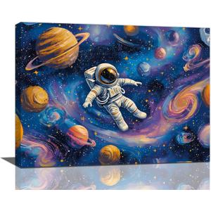 Lovira Astronaut Outer Space Wall Art Cool Galaxy Canvas Wall Decor Starry Sky Pictures Prints Painting Poster Framed Artwork Decorations for Bathroom Bedroom Kids Boys Girls Room 16"x12"