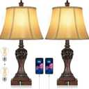 Set of 2 Touch Control 3-Way Dimmable Table Lamps with 2 USB Charging Ports Traditional Bedside Lamps with Bell Shape Faux Silk Shade & Brown Base for Bedroom Nightstand Living Room LED Bulbs Included