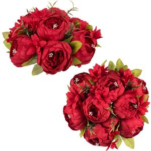 NUPTIO Peony Artificial Flowers for Centerpieces: 2 Pcs 9.4 inch Diam Red Faux Peony Flowers Fake Flower Balls Arrangement Bouquet Wedding Centerpieces for Tables Wedding Centerpiece Decorations