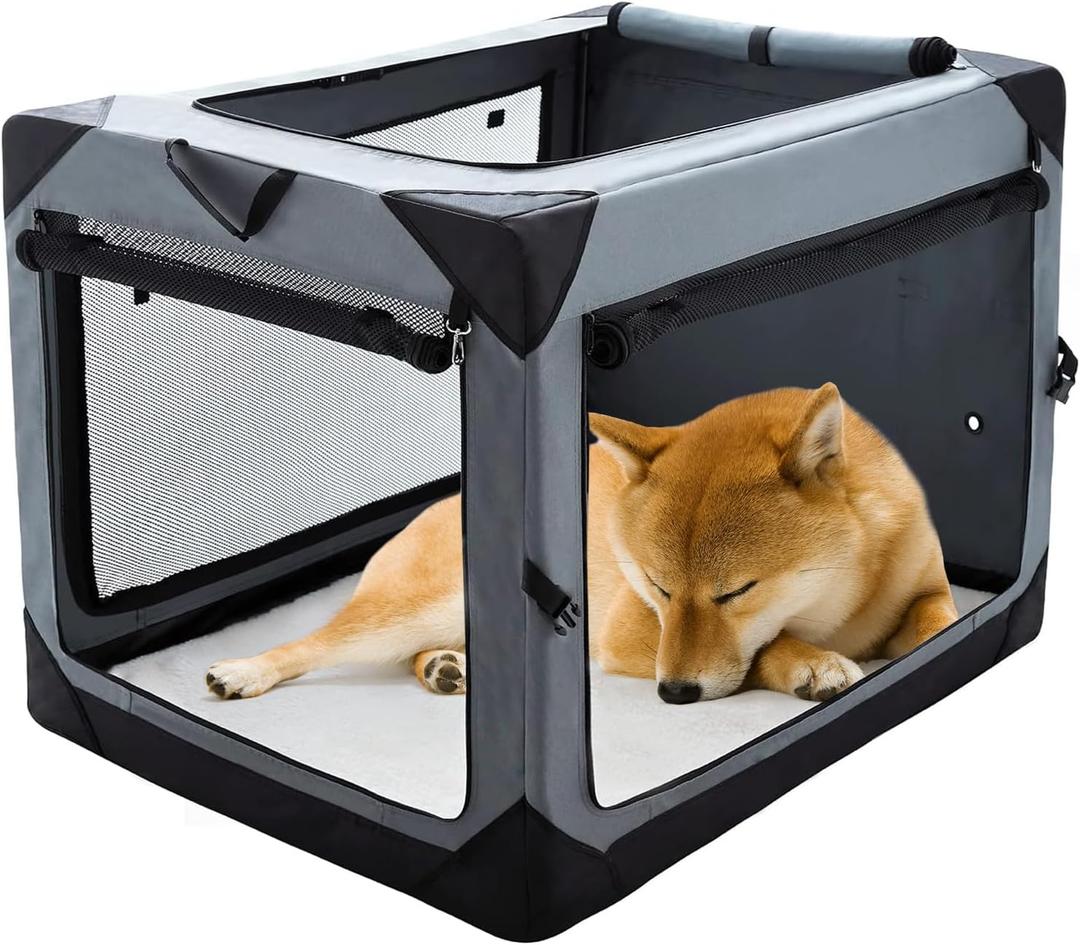 Pettycare 30 Inch Collapsible Dog Crate for Medium Dogs, 4-Door Foldable Soft Dog Kennel with Chew Proof Mesh Windows, Indoor & Outdoor Travel Dog Crate (30.0"L x 21.0"W x 21.0"H, Grey)