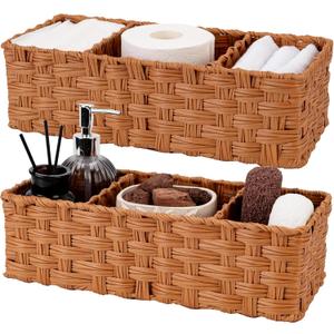 GRANNY SAYS Bathroom Toilet Organizer, Back of Toilet Storage Basket, Waterproof Storage for Shelves, 3 Section Wicker Baskets, Caramel Orange, 2-Pack