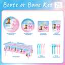 146Pcs Boots and Bows Gender Reveal Decorations Include Tableware-Plates-Napkins-Cups-Forks-Knives-Gender Reveal Tablecloth for Gender Reveal Decorations Serves 24