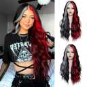 WECAN Black Red Gray Wig 28 Inches Long Black Red Wavy Wigs For Women Synthetic Hair Replacement Wigs Halloween Cosplay Daily Party Heat-Resistant Fiber Wig