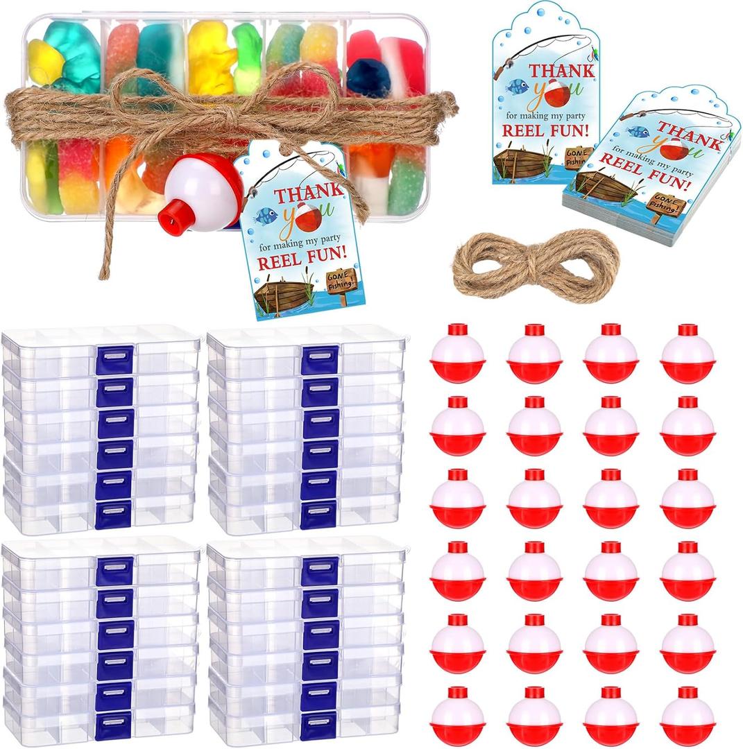 48 Sets Fishing Party Favors Candy Little Tackle Boxes with Red White Floater Thank You Cards for Making My Reel Fun Fishing Theme Party Decorations