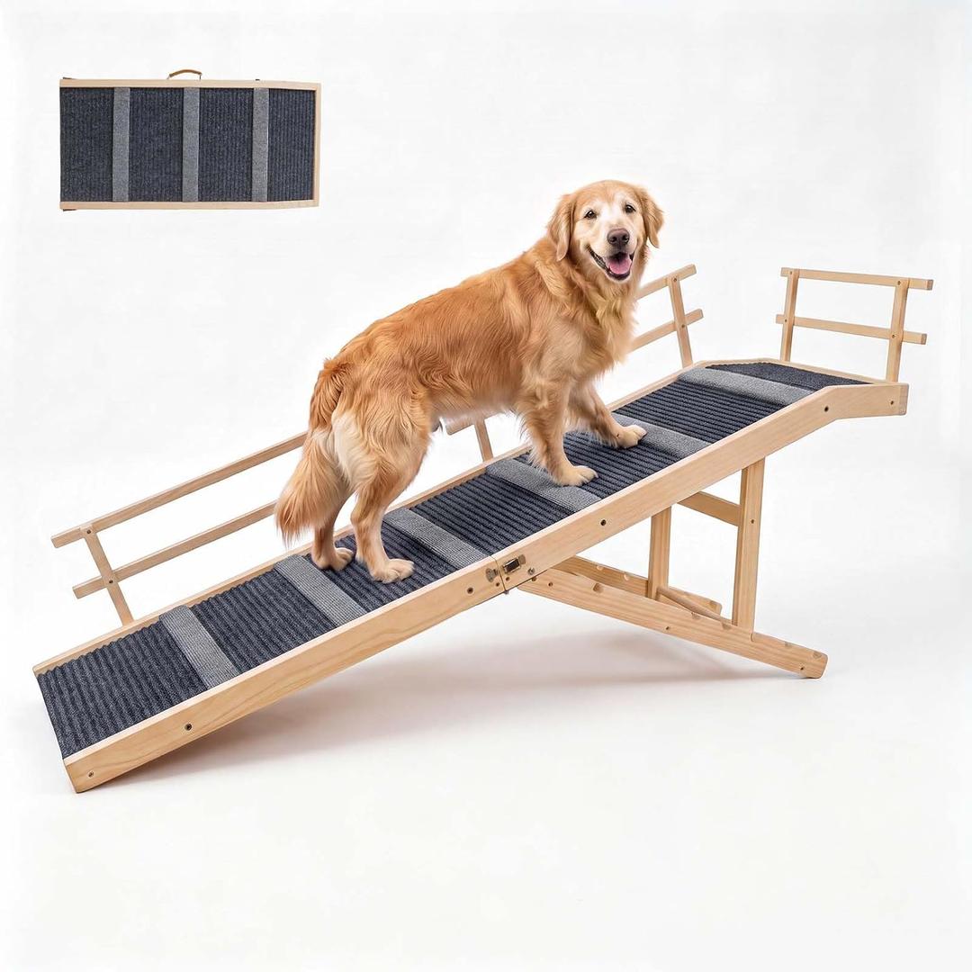 Luciphia Wooden Dog Ramp for High Bed 65.7" Extra Long Solid Wood Pet Ramp with Non-Slip Mat & Safety Side Rails 5-Level Height Adjustable up to 220lbs Perfect for Small Large Injured Senior Dogs