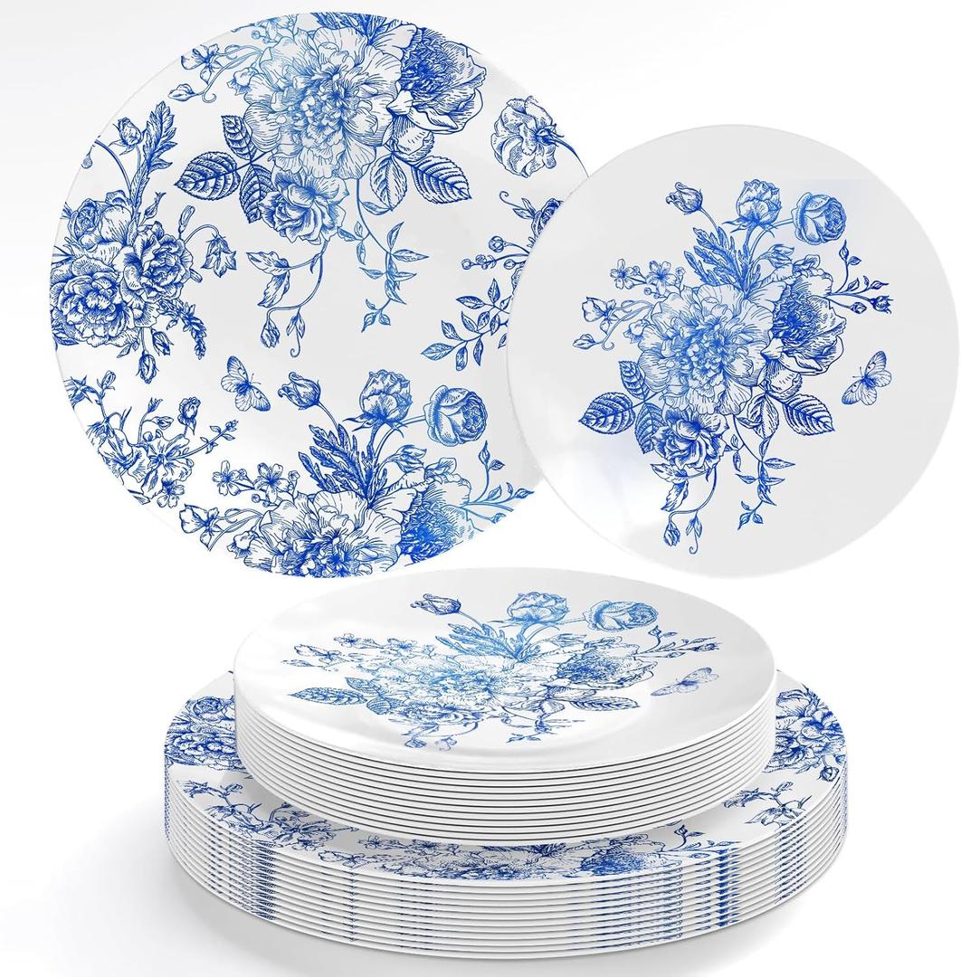40Pcs Foil Blue and White Floral Plastic Plates Reusable Plate Chinoiserie Flower Dinner Dessert Plate for Home Party Supplies Table Decor Blue gold foil reflective