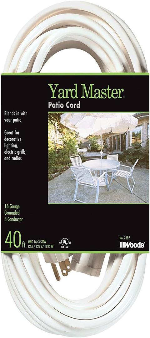 Woods Yard Master Light Duty Outdoor Extension Cord, 40Ft, 16 Gauge, 3 Conductor, Landscape and Patio Cord, White, 992382