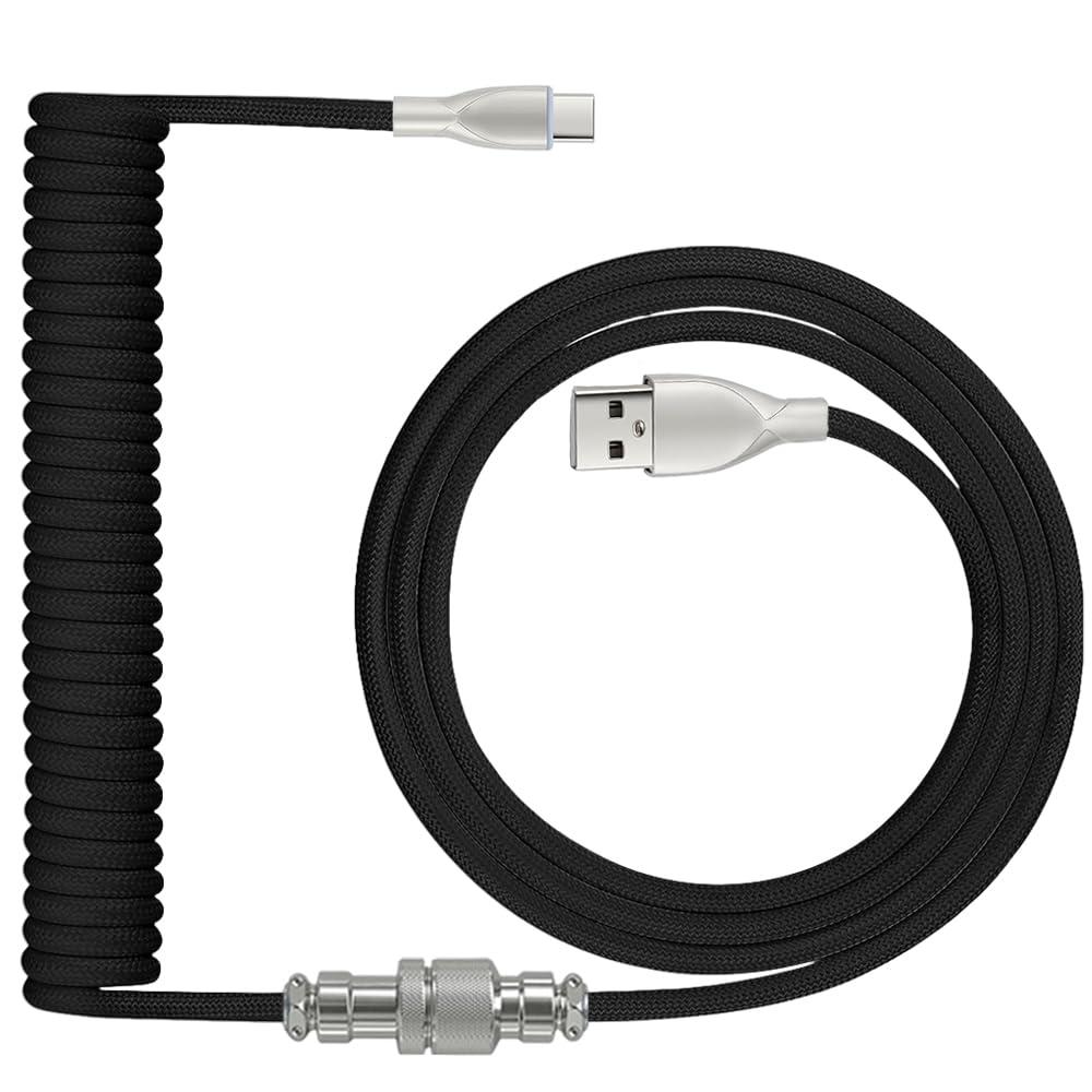 Coiled Keyboard Cable: 1.5M USB-C to USB-A Braided Cord with Detachable Aviator Connector, Durable & Tangle-Free for Custom & Mechanical Gaming Keyboards (Black)