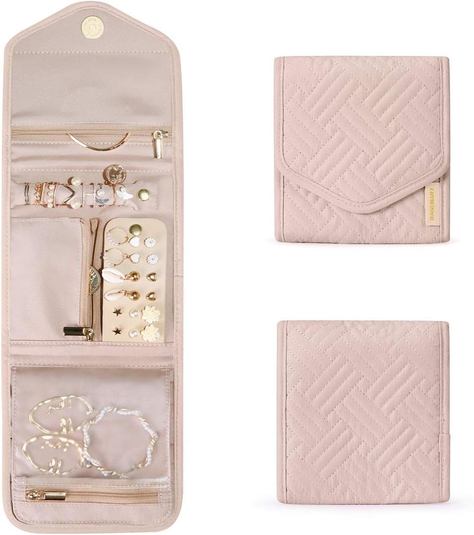 BAGSMART Travel Jewelry Organizer Case Foldable Jewelry Roll for Journey Rings, Necklaces, Earrings, Bracelets,Mini,Soft Pink (Small)