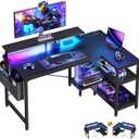 ODK 40 Inch Gaming Desk with USB Power Outlets and LED Lights, Reversible L Shaped Computer Desk with Storage Shelves & Monitor Stand, Corner Home Office Desk Table, Carbon Fiber Surface, Black