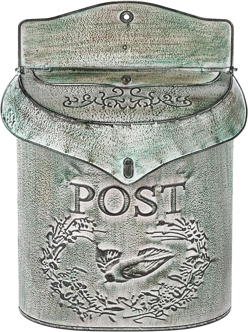 Metal Vintage Mailbox Wall Mount for Front Porch, Decorative Mailboxes for Outside, 15.5" H X 10.5" W X 4" D (Antique Blue)