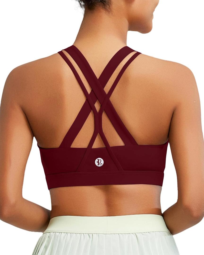 RUNNING GIRL Sports Bra for Women High Support, Criss-Cross Back Padded Strappy Sports Bras Yoga Bra with Removable Cups (Small, 1-wine Red)