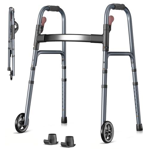 Folding Walker for Seniors, Rolling Walker with 8 Height Adjustments, One-Hand Folding, 300lbs Capacity, Lightweight Aluminum Front Wheel Walker for Elderly Adults and Handicap