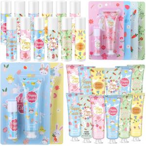Loopeer 12 Sets Easter Basket Stuffers Bulk Hand Cream and Lip Balm Set Easter Basket Fillers Gifts for Adults Coworkers Women Men Spring Party Favors Travel Size Lotion Goodie Bag Gifts